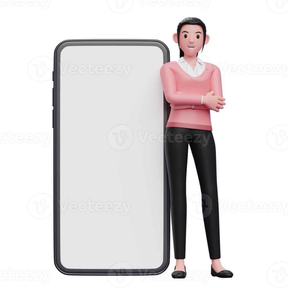 woman wearing pink sweater leaning on phone with big white screen png