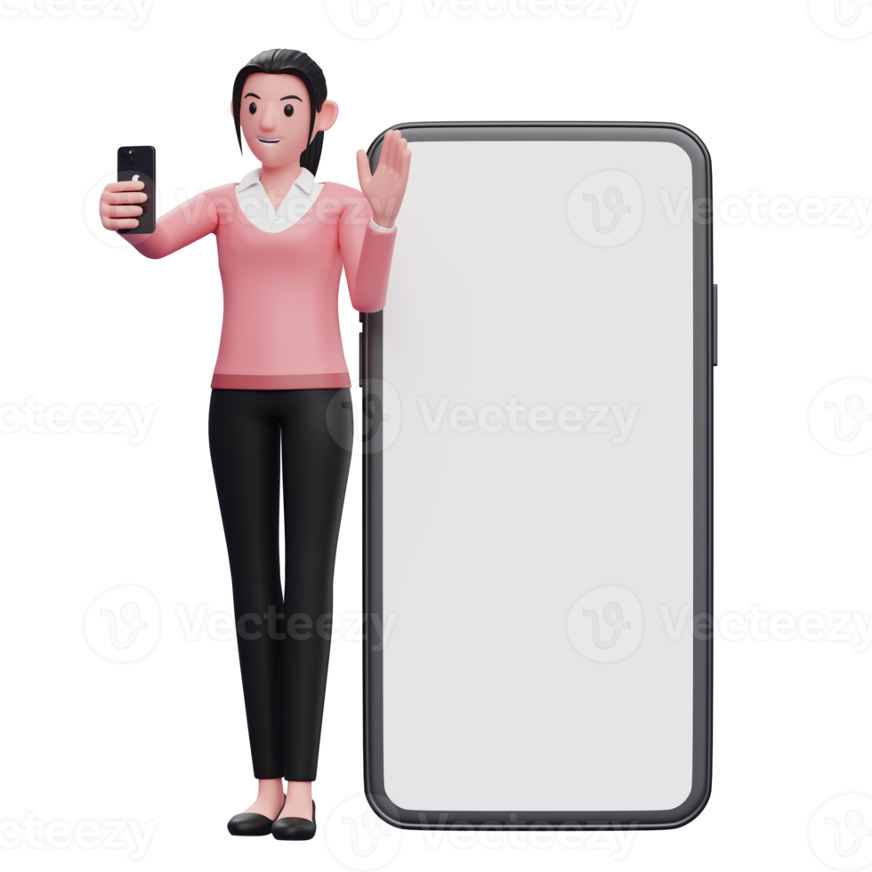woman standing while making video call and waving hand on big phone background png