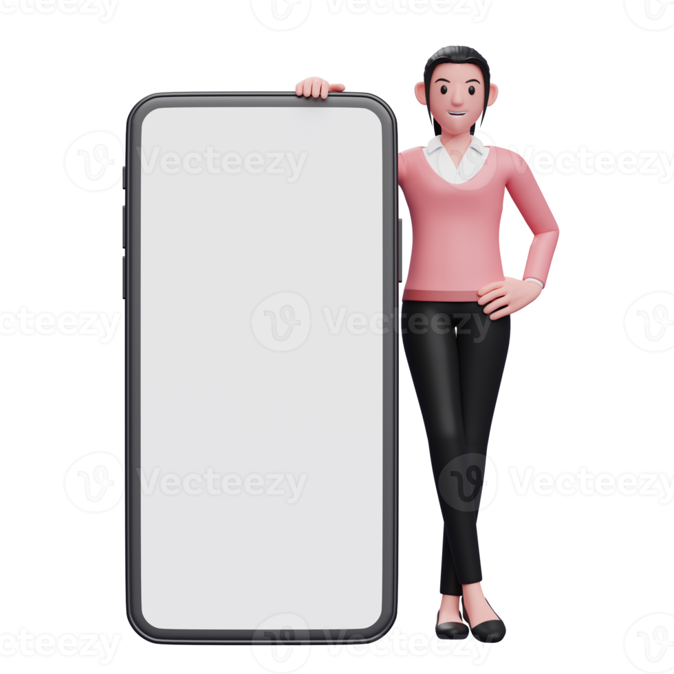 woman standing next to big phone with white screen with legs crossed and hands on waist png