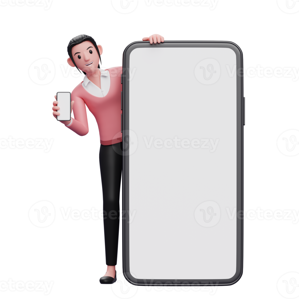 3d woman wearing pink sweater standing behind a big cellphone while showing the phone screen png