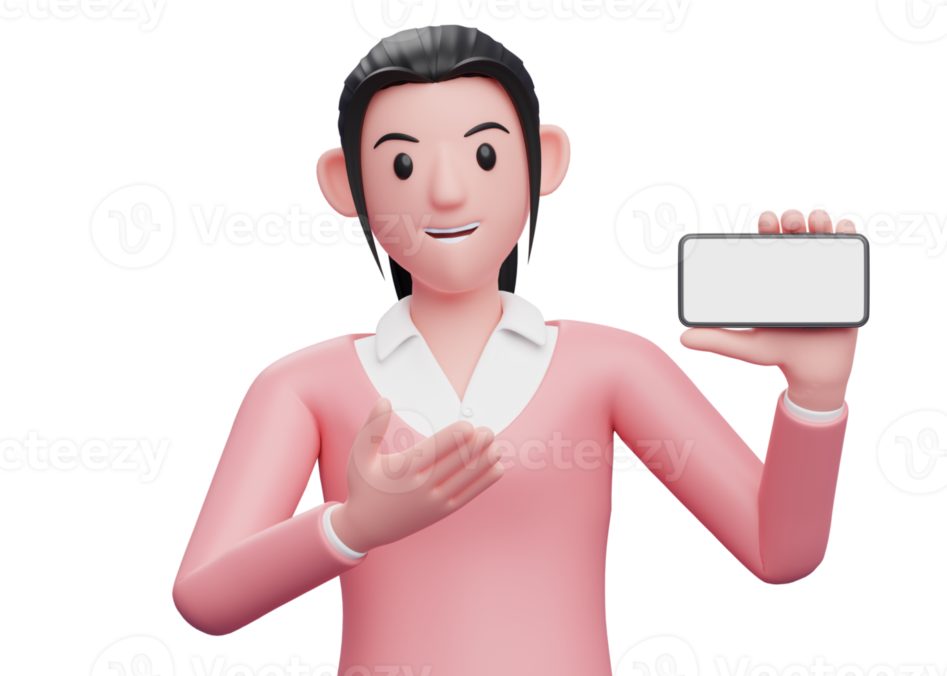 girl in sweater presenting with landscape screen phone, 3d render character illustration png