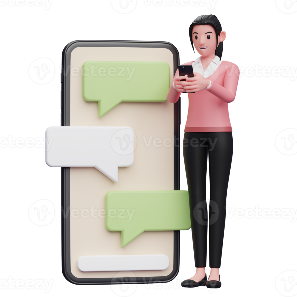 cute woman is typing on the phone beside a big phone with bubble chat ornament png