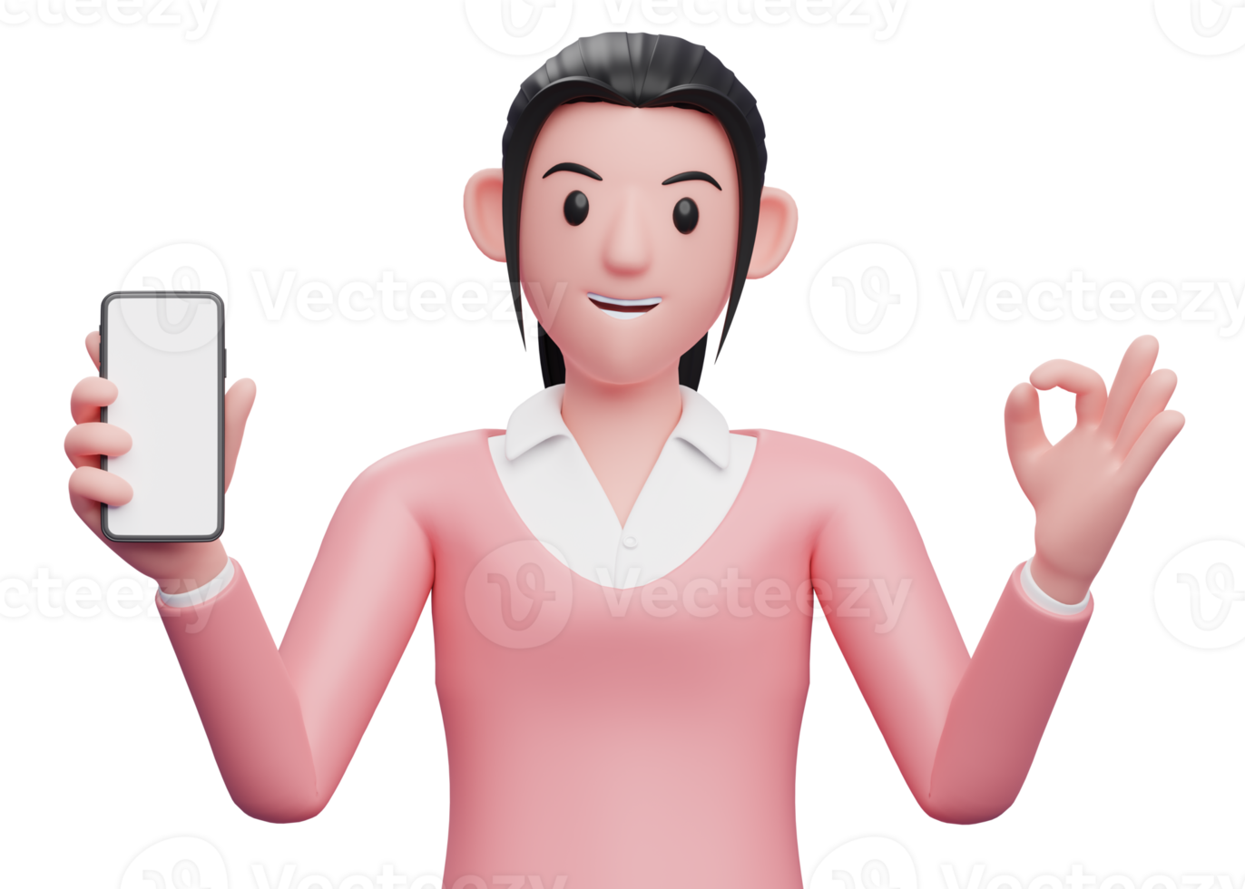 girl in pink sweatshirt holding a cell phone while giving an ok finger gesture, 3d render character illustration png