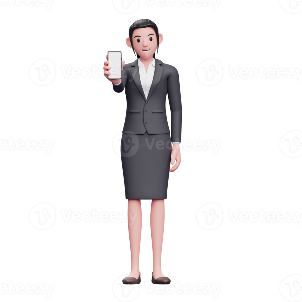 Business woman in formal suit showing phone screen, 3d render character illustration png