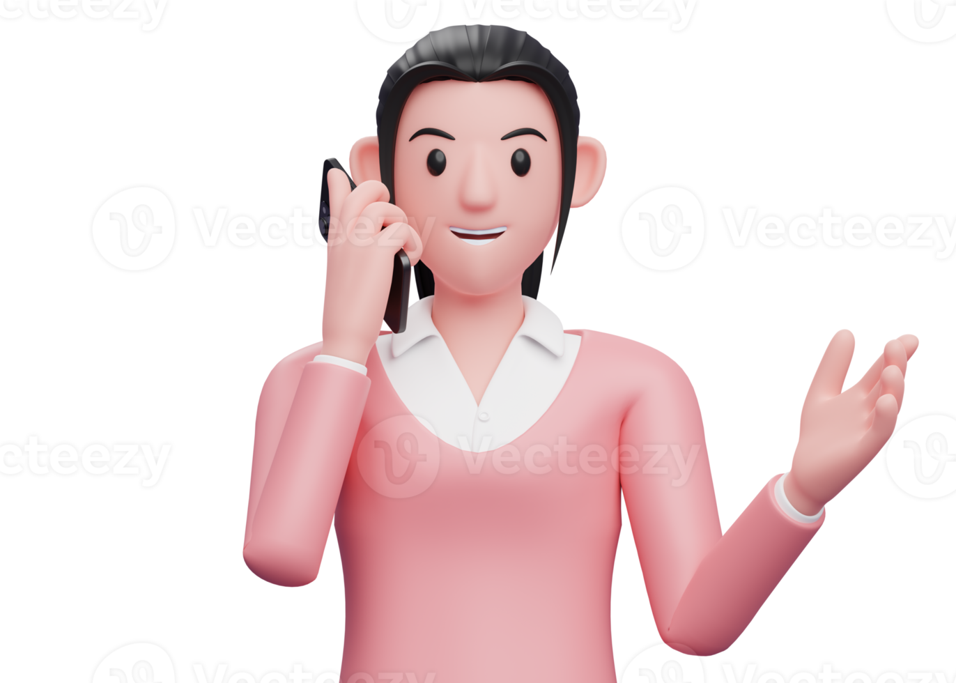 girl in pink sweatshirt talking on cell phone, 3d render character illustration png