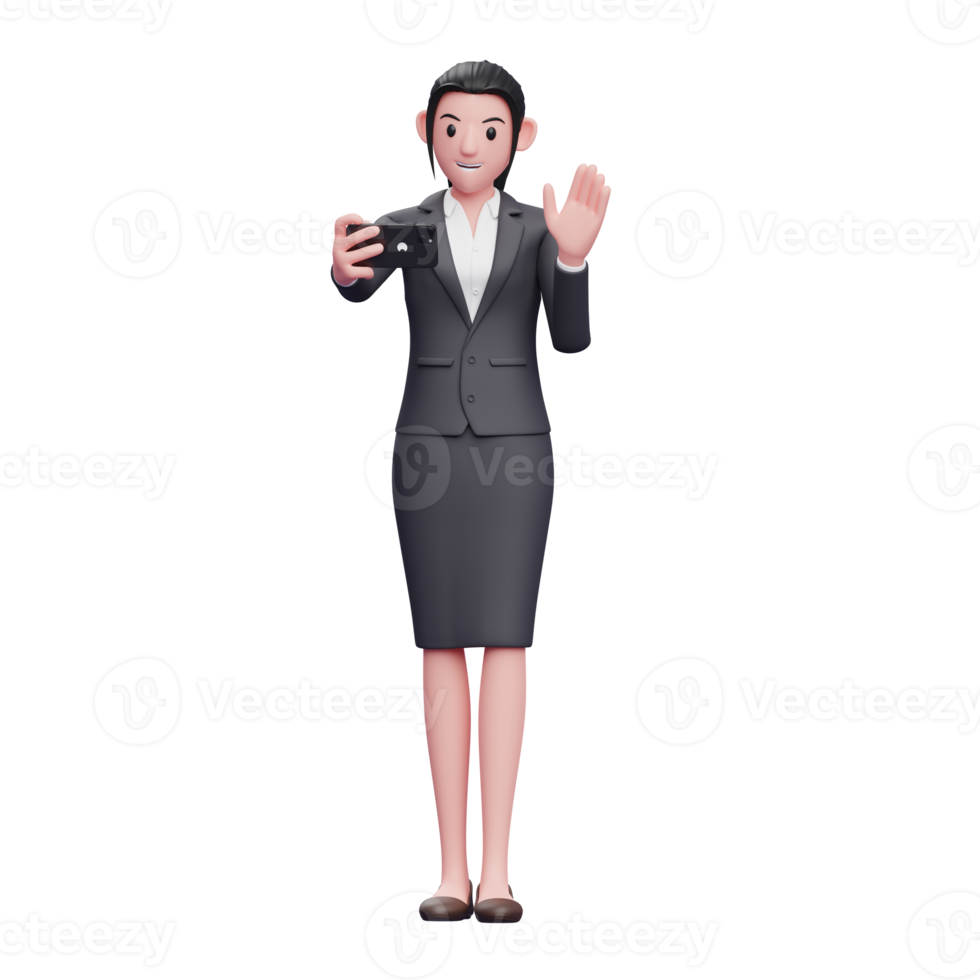 Business woman in formal suit make video calls, 3d render character illustration png