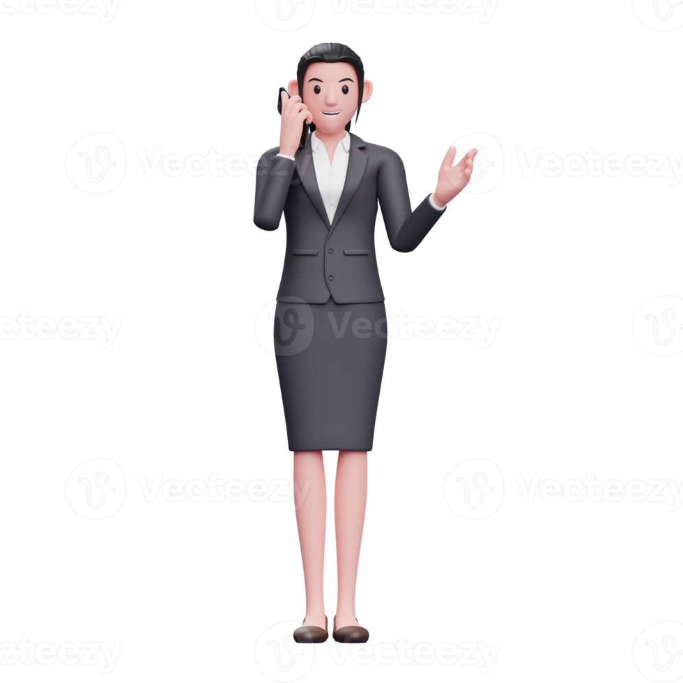 femme d'affaires en costume formel avoir une conversation au téléphone, illustration de caractère de rendu 3d png