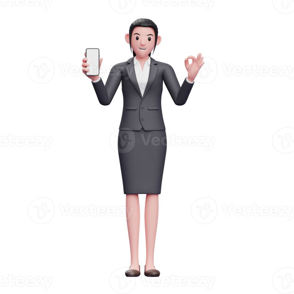 Business woman in formal suit holding smartphone and showing ok finger, 3d render character illustration png