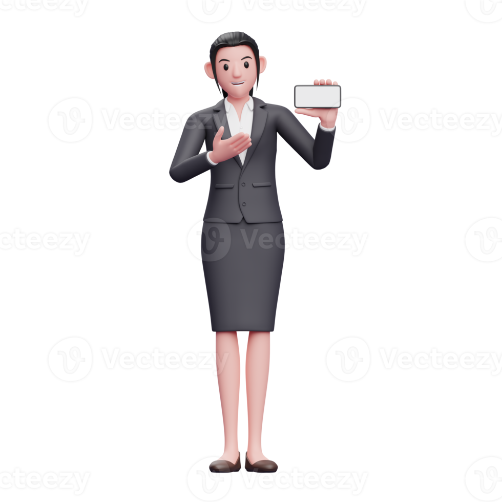 Business woman in formal suit presenting with a landscape phone screen, 3d render character illustration png