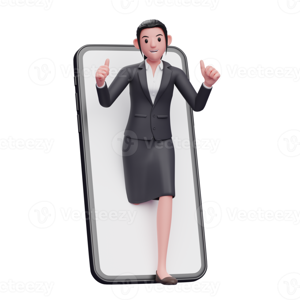 Business woman in formal suit appears from inside the phone screen and giving a thumbs up, 3d render character illustration png