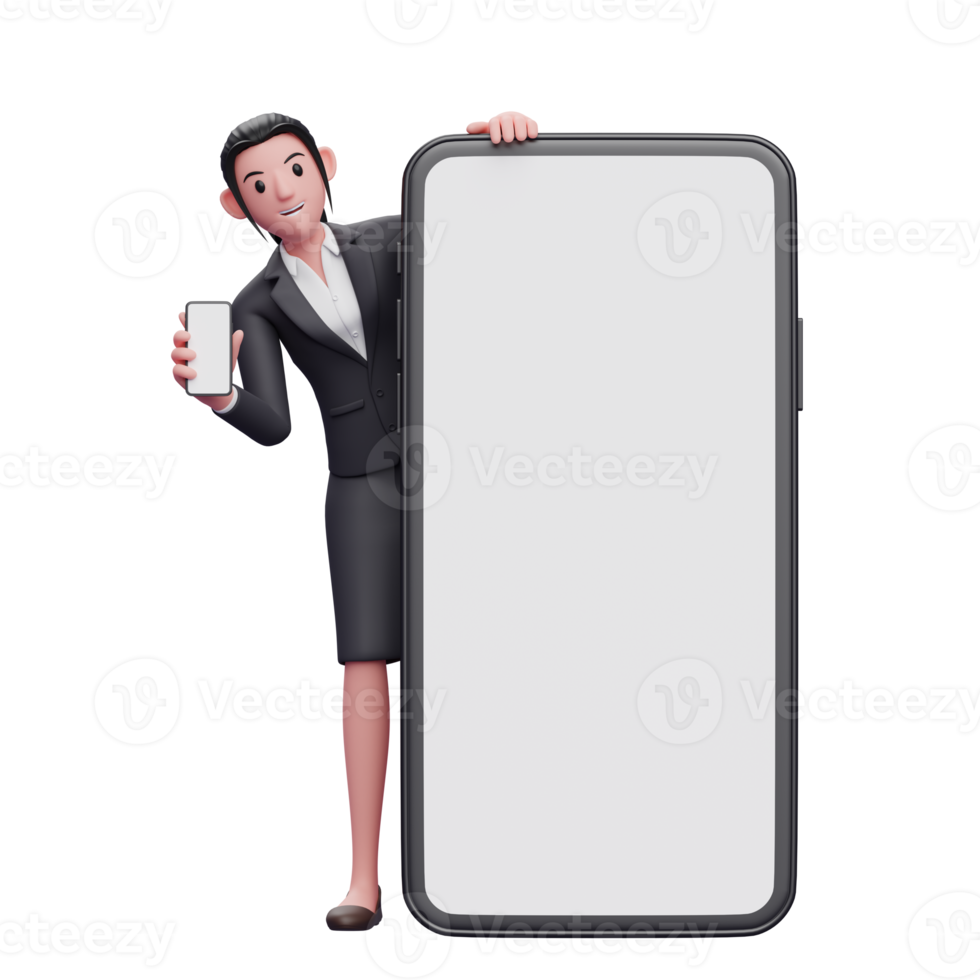 Business woman in formal suit appears from behind a big phone and holding a phone showing the screen png