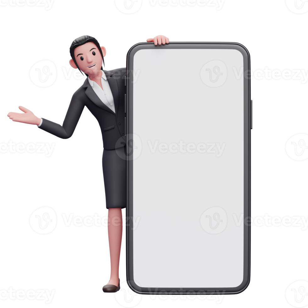 zakenvrouw in formeel pak verschijnt van achter een grote telefoondecoratie, 3d render karakterillustratie png