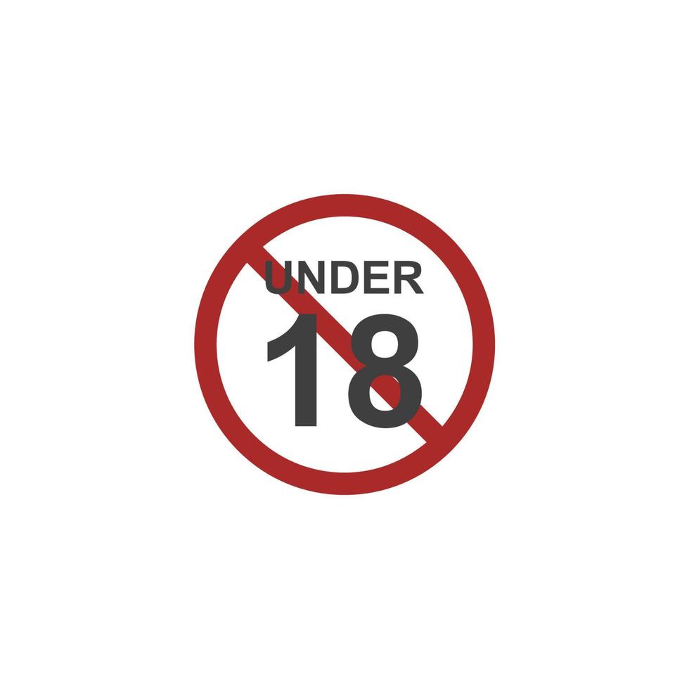 Vector sign of the Under 18 years Sign Mark symbol is isolated on a white background. Under 18 years Sign Mark icon color editable.