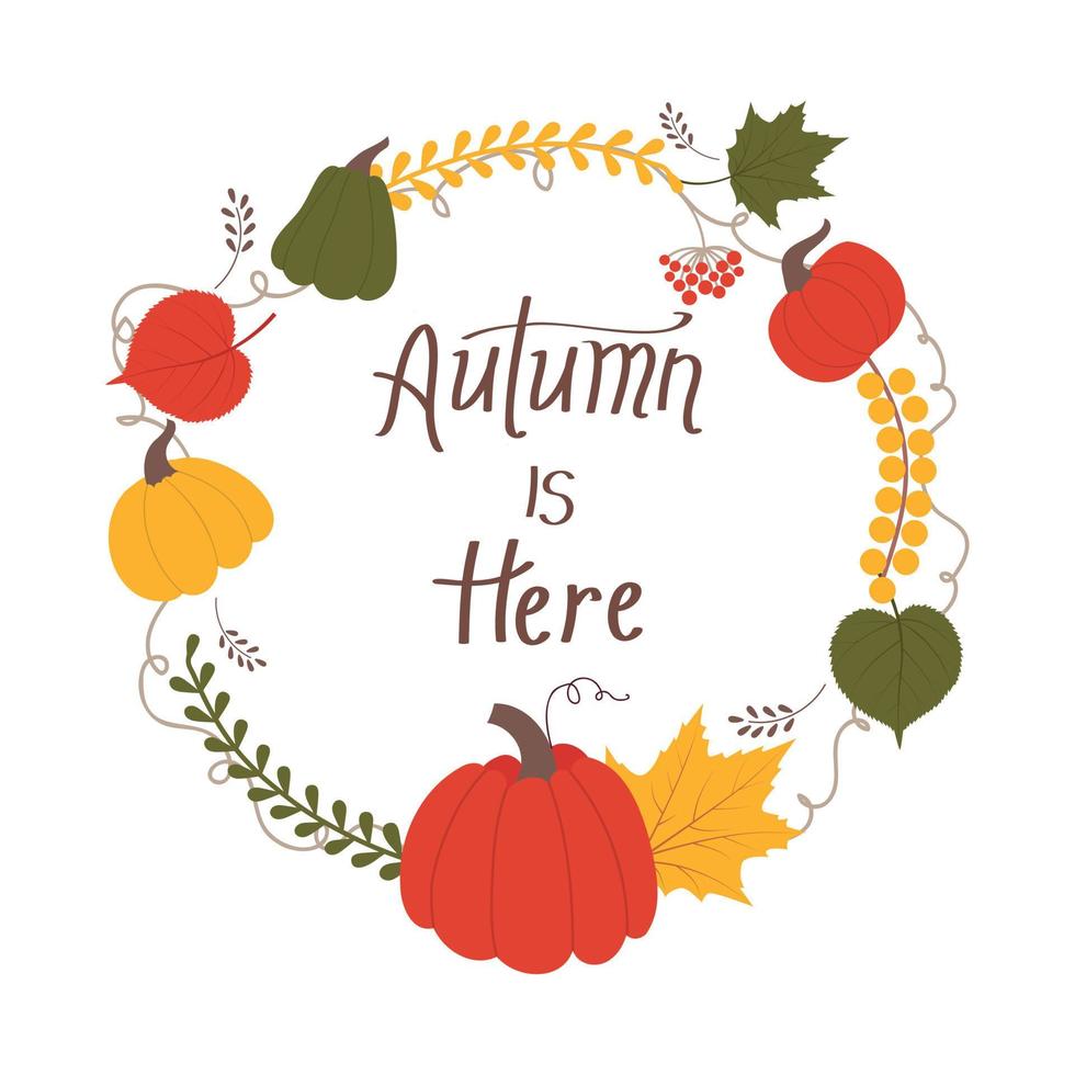 vector round frame of autumn leaves and pumpkins.