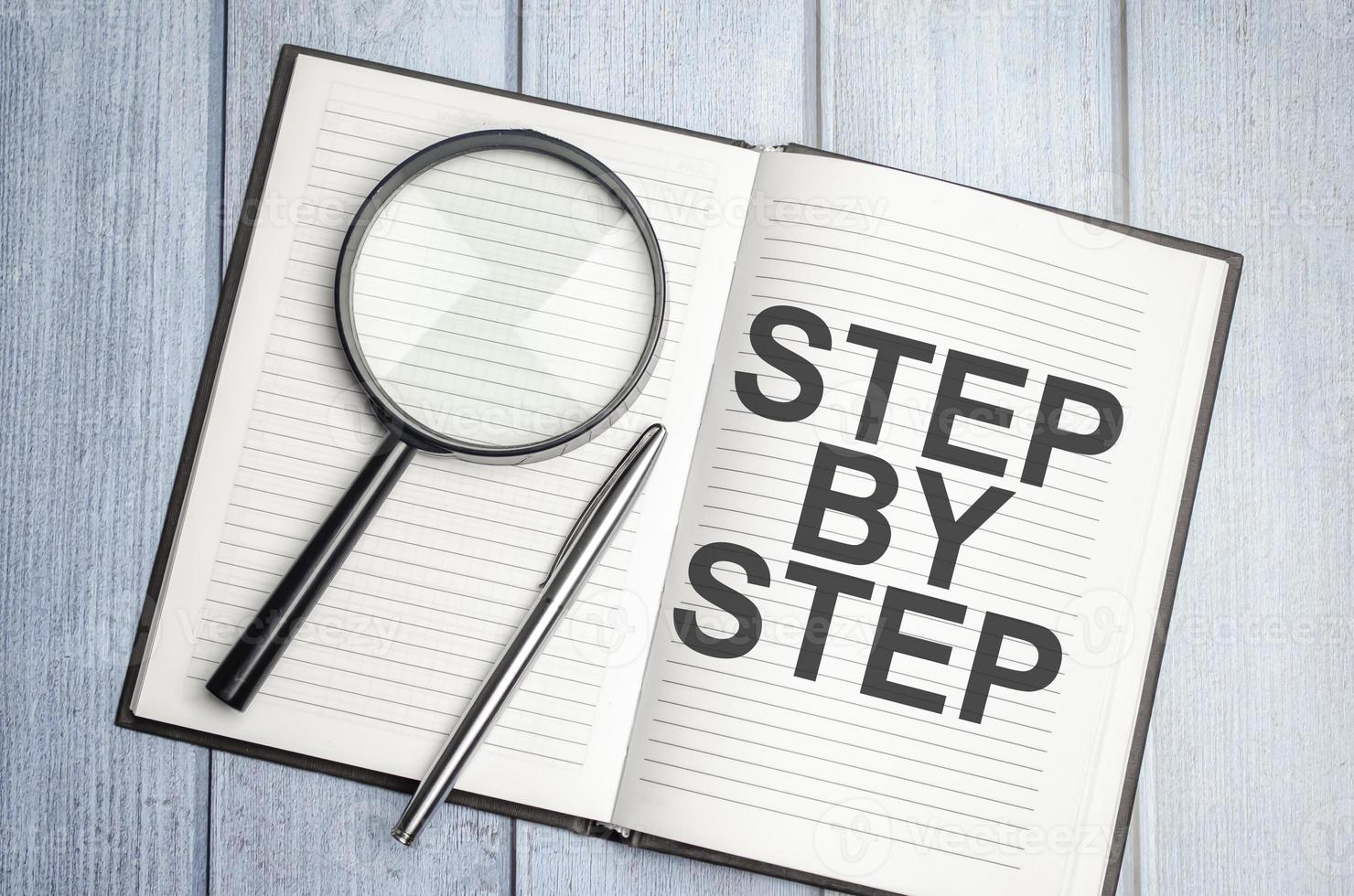 Text written in brown diary step by step and magnifier photo
