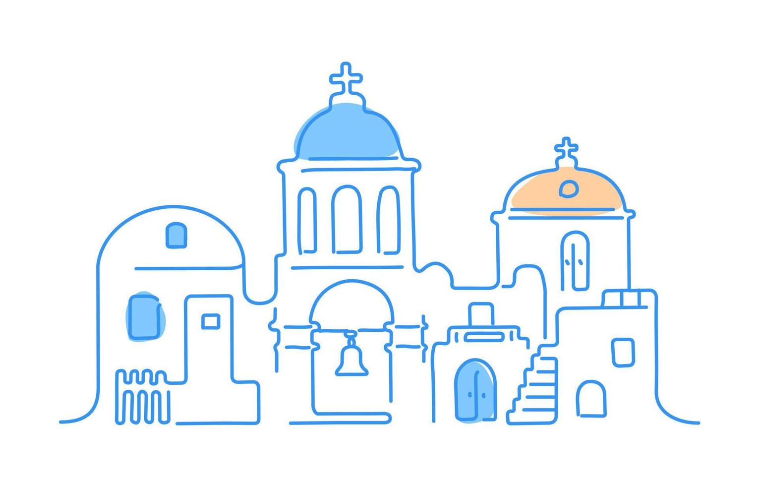 isla de santorini, grecia. arquitectura blanca tradicional e iglesias ortodoxas griegas con cúpulas y casas azules. ilustración vectorial lineal. vector