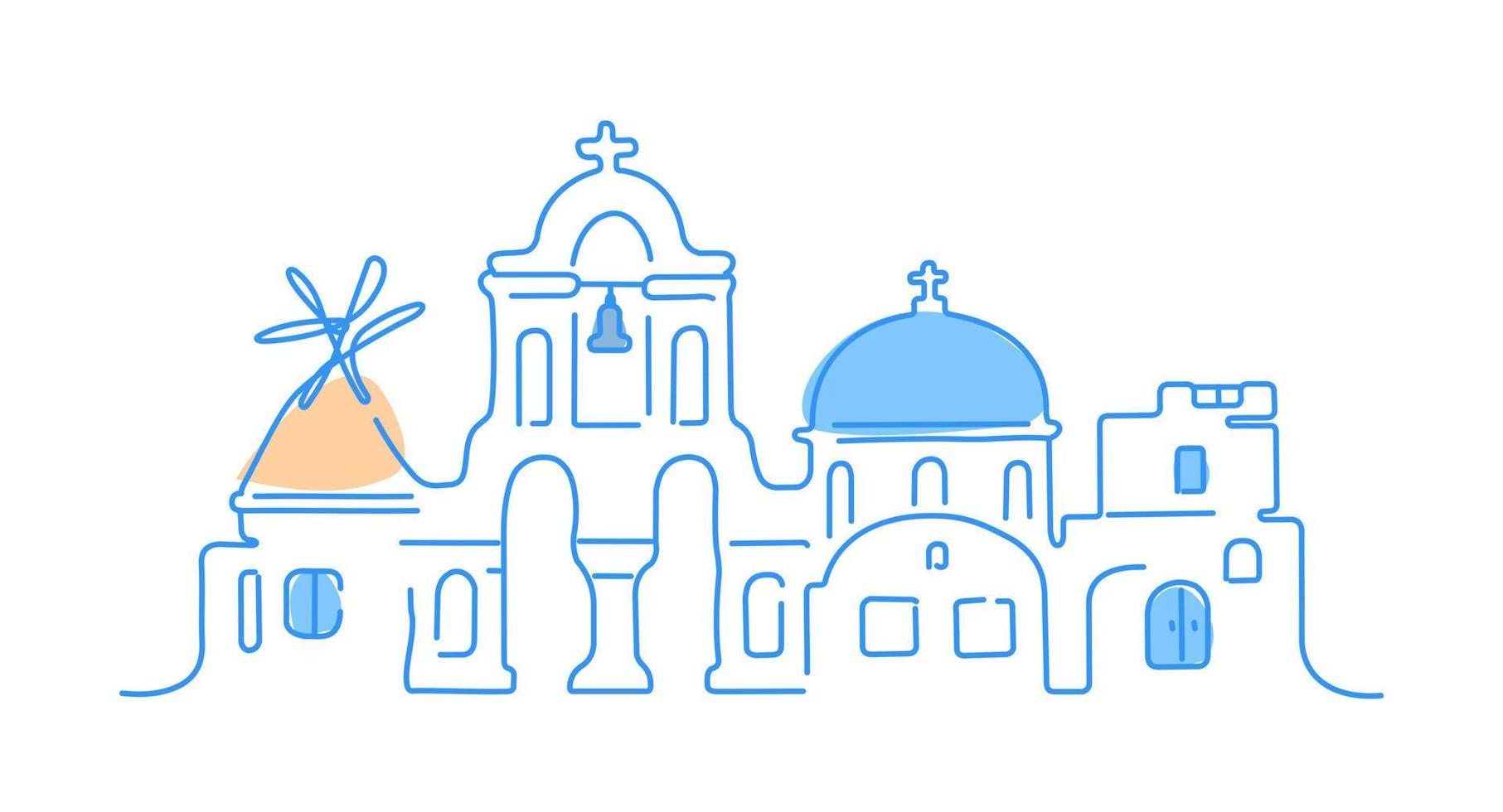 isla de santorini, grecia. arquitectura blanca tradicional e iglesias ortodoxas griegas con cúpulas azules y un pequeño molino de viento. ilustración vectorial lineal. vector