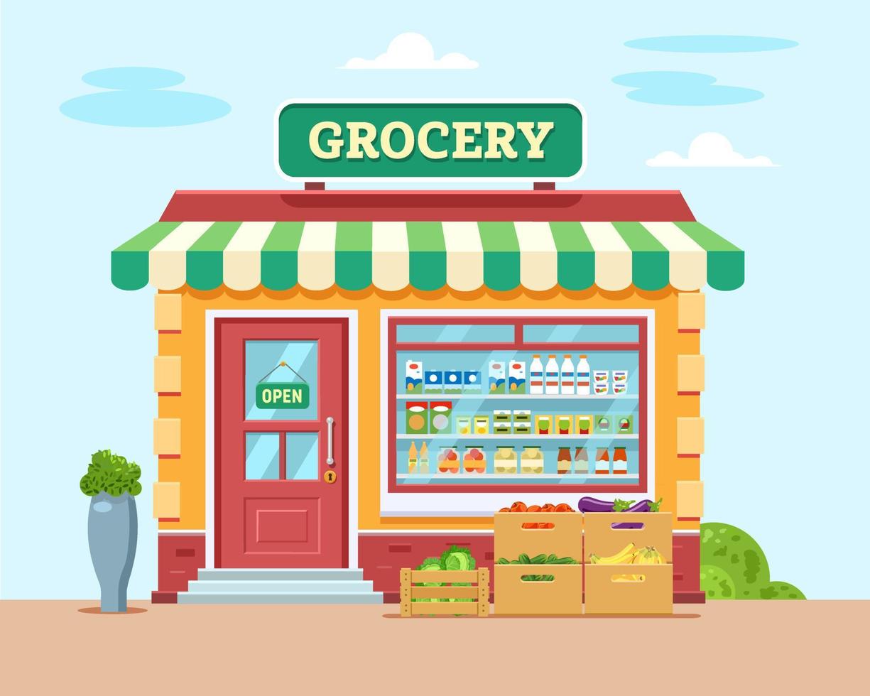 Grocery store building. Shop, market or supermarket. Vector illustration in flat style