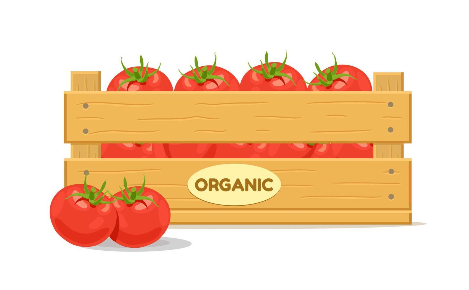 caja de madera con tomates. icono de caja de verduras. ilustración vectorial aislado sobre fondo blanco. vector