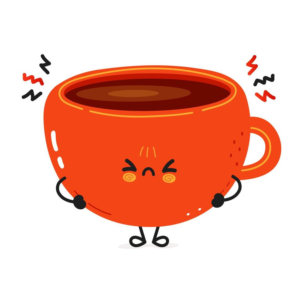 Cute angry cup of coffee character. Vector hand drawn cartoon kawaii character illustration icon. Isolated on white background. Sad cup of coffee character concept