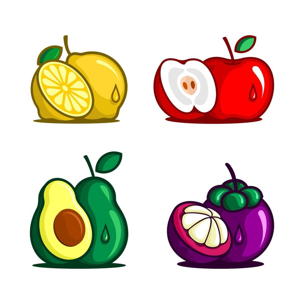 ilustración vectorial de un conjunto de frutas, limón, manzana, aguacate, mangostán vector