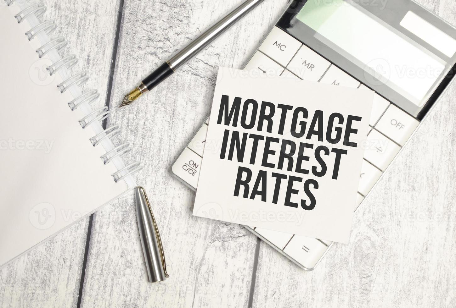 Text mortgage interest rates on paper card and calculator on wooden background photo