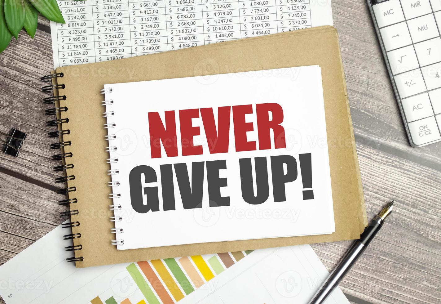 Text Never give up on notepad and pen on wooden background photo