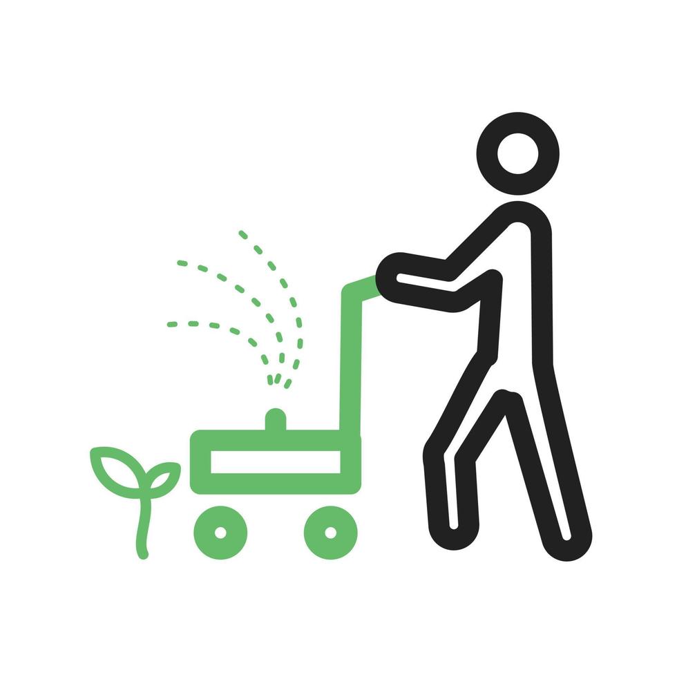 Person Mowing Grass Line Green and Black Icon vector