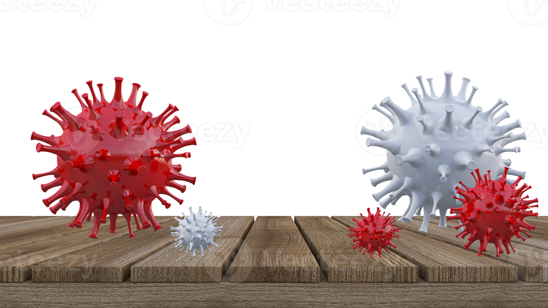 A 3d rendering of wooden panel and covid  virus model png