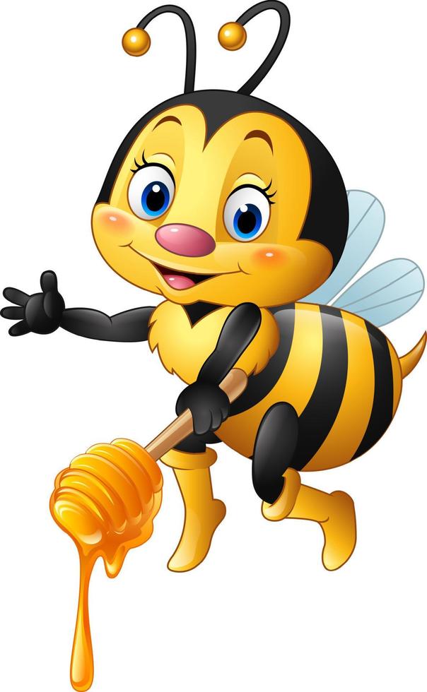 Cartoon bee holding honey dipper vector