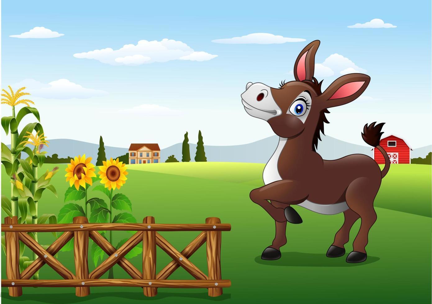 Cartoon happy donkey with farm background vector