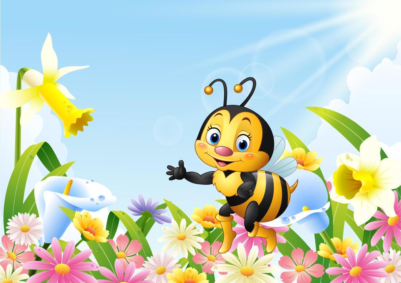 abeja de dibujos animados sentada en la flor y agitando la mano vector