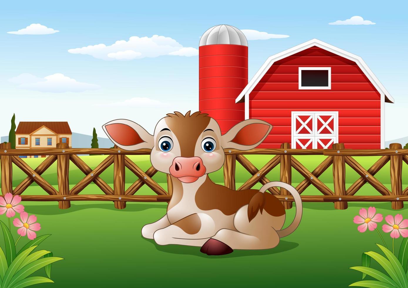 Cartoon calf with farm background vector