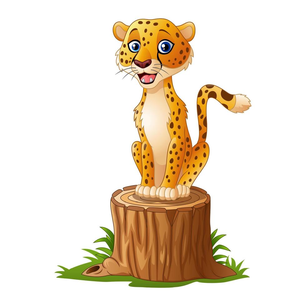 Cartoon leopard sitting on tree stump vector