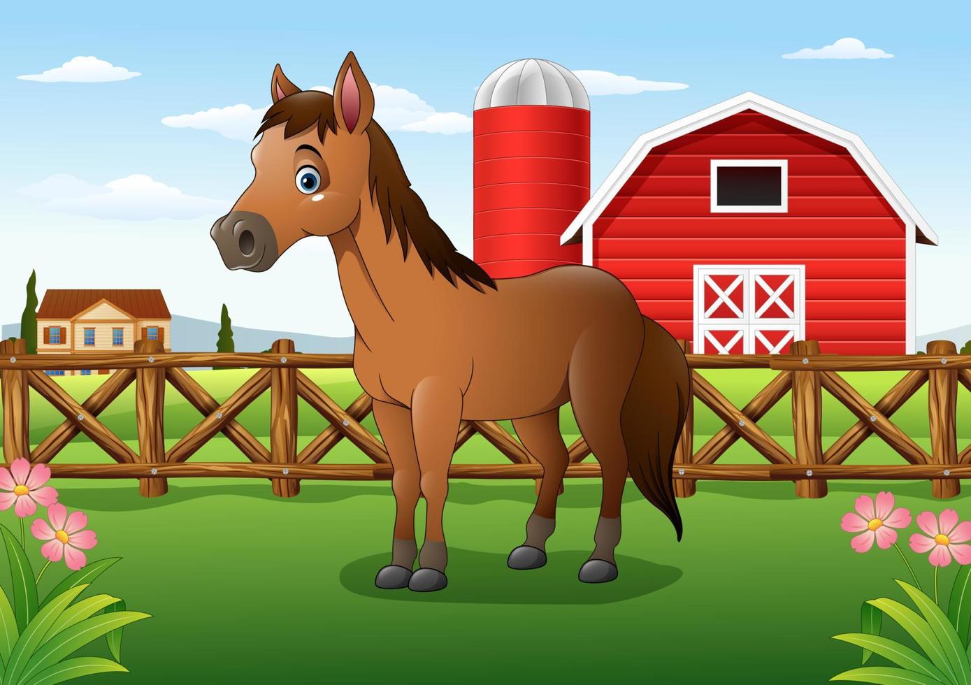 caballo marrón de dibujos animados en la granja vector