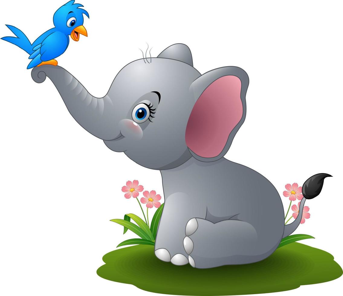 Cartoon baby elephant playing with blue bird vector