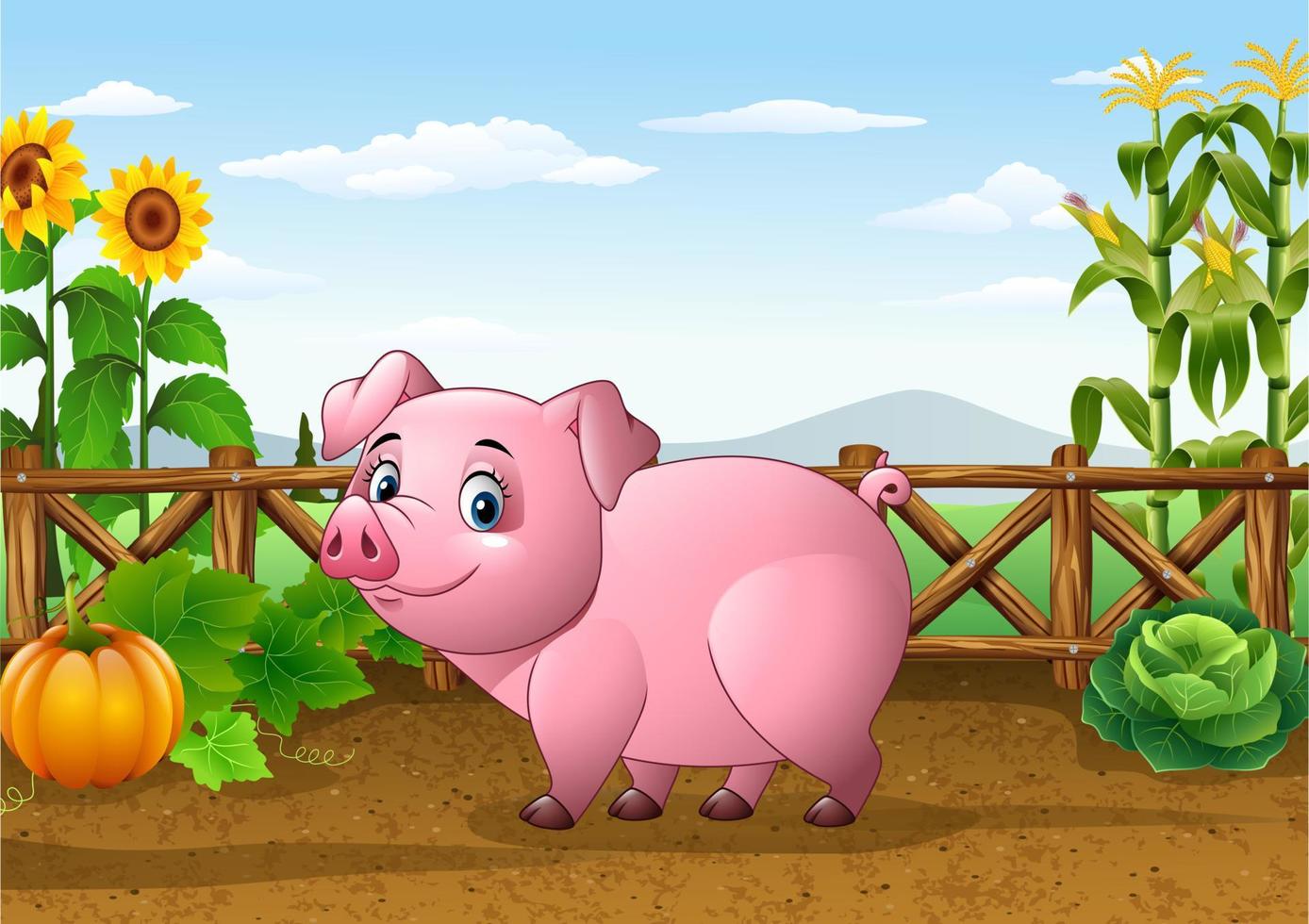 Cartoon pig with farm background vector