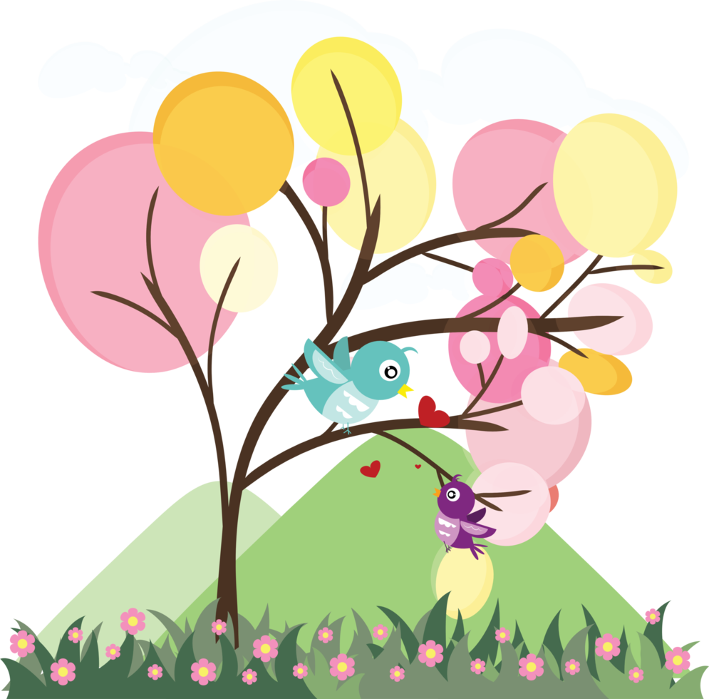 arbres mignons colorés avec des oiseaux d'amour, des oiseaux amoureux volant autour de l'arbre avec une prairie verte et une illustration de montagne png