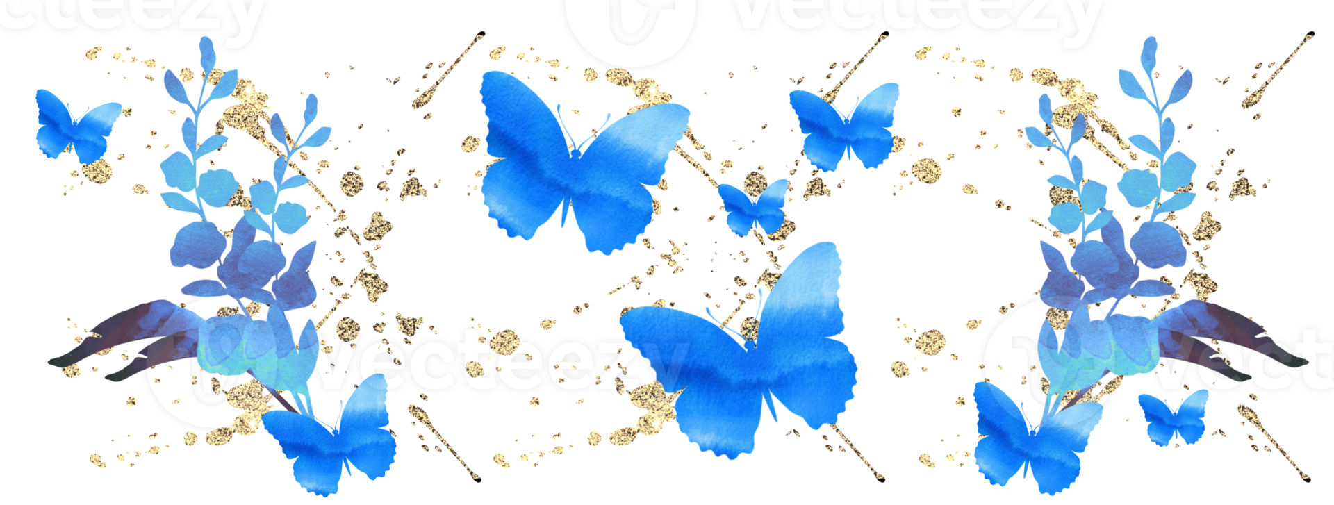 Watercolour butterflies pattern. Background transparent. Blue and golden texture. png