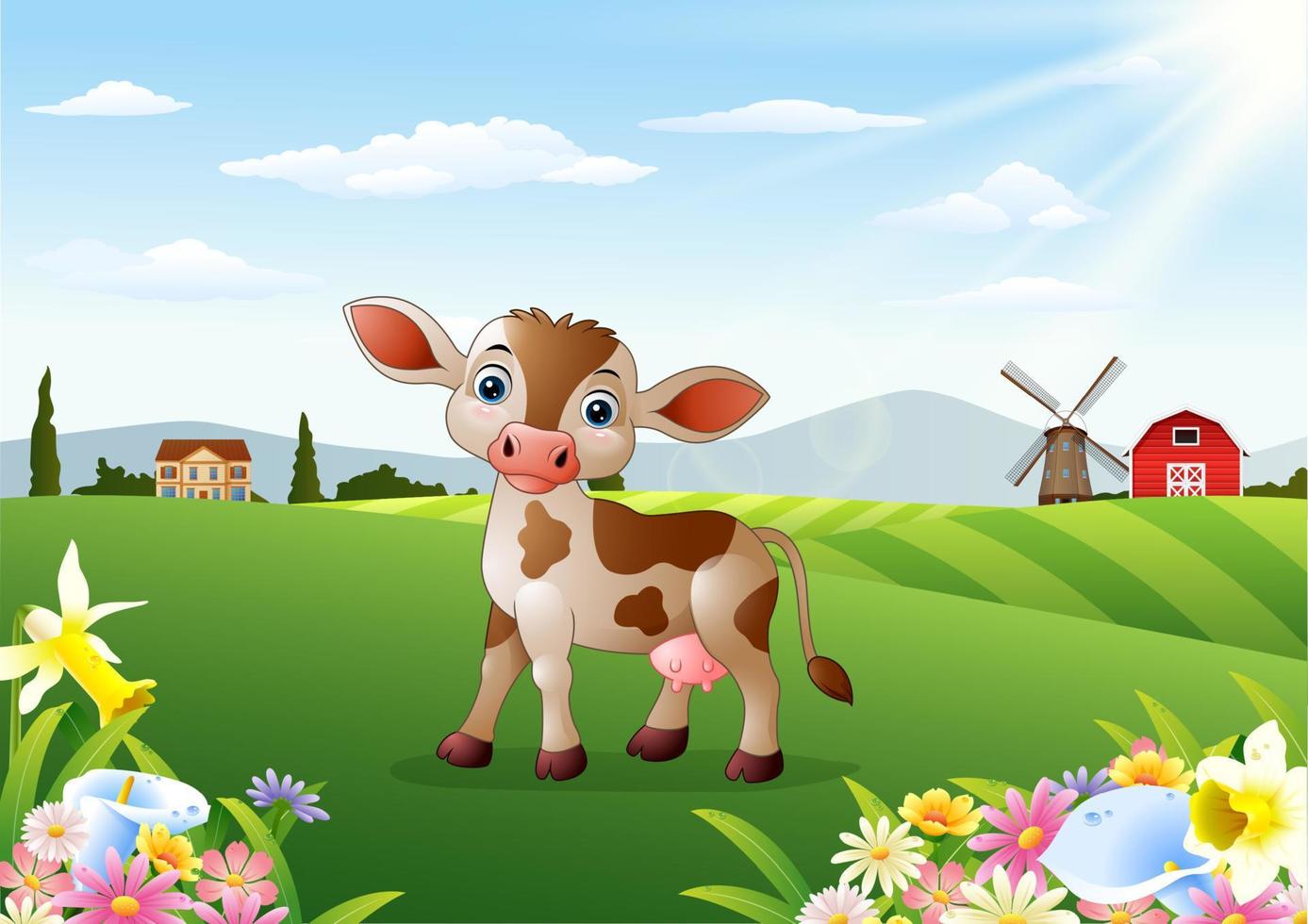 Cartoon cow with farm landscape vector