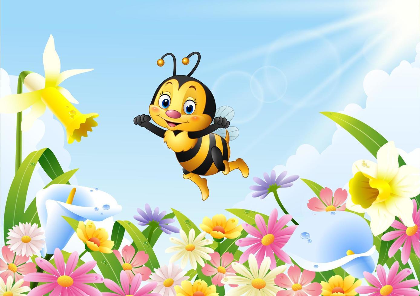 Cartoon bee flying over flower field vector