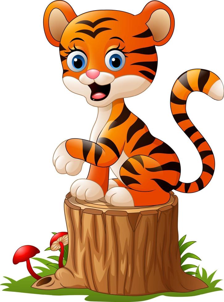 Cartoon baby tiger sitting on tree stump vector