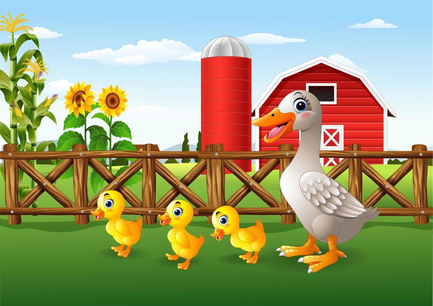 familia de patos de dibujos animados en la granja vector