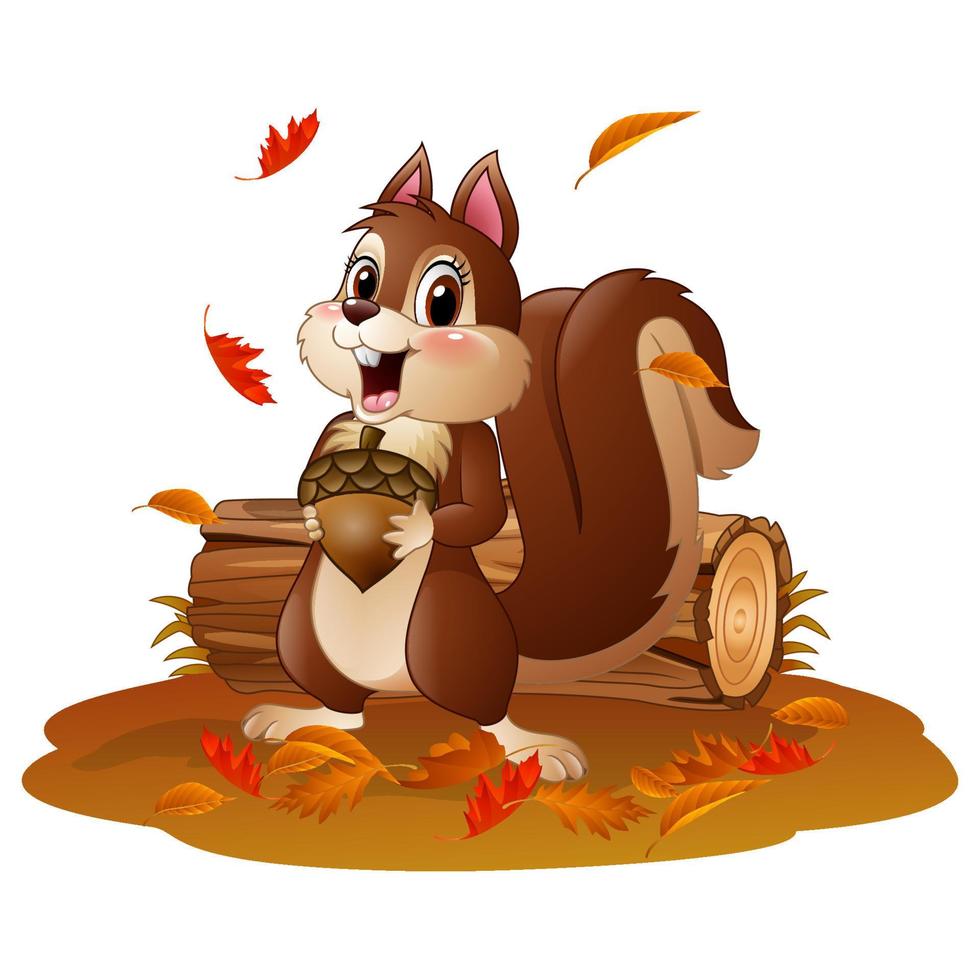 Cartoon funny squirrel holding pine cone in the autumn weather vector