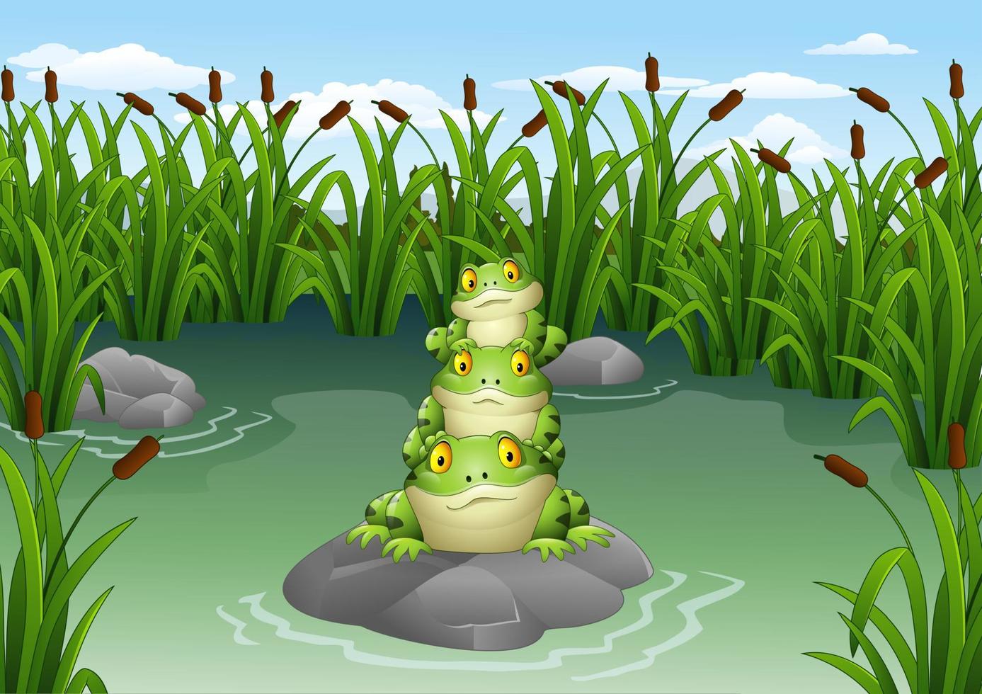 Cartoon frog stacked in the pond vector