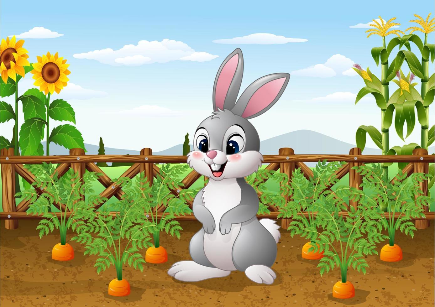 Cartoon rabbit with carrot plant in the garden vector