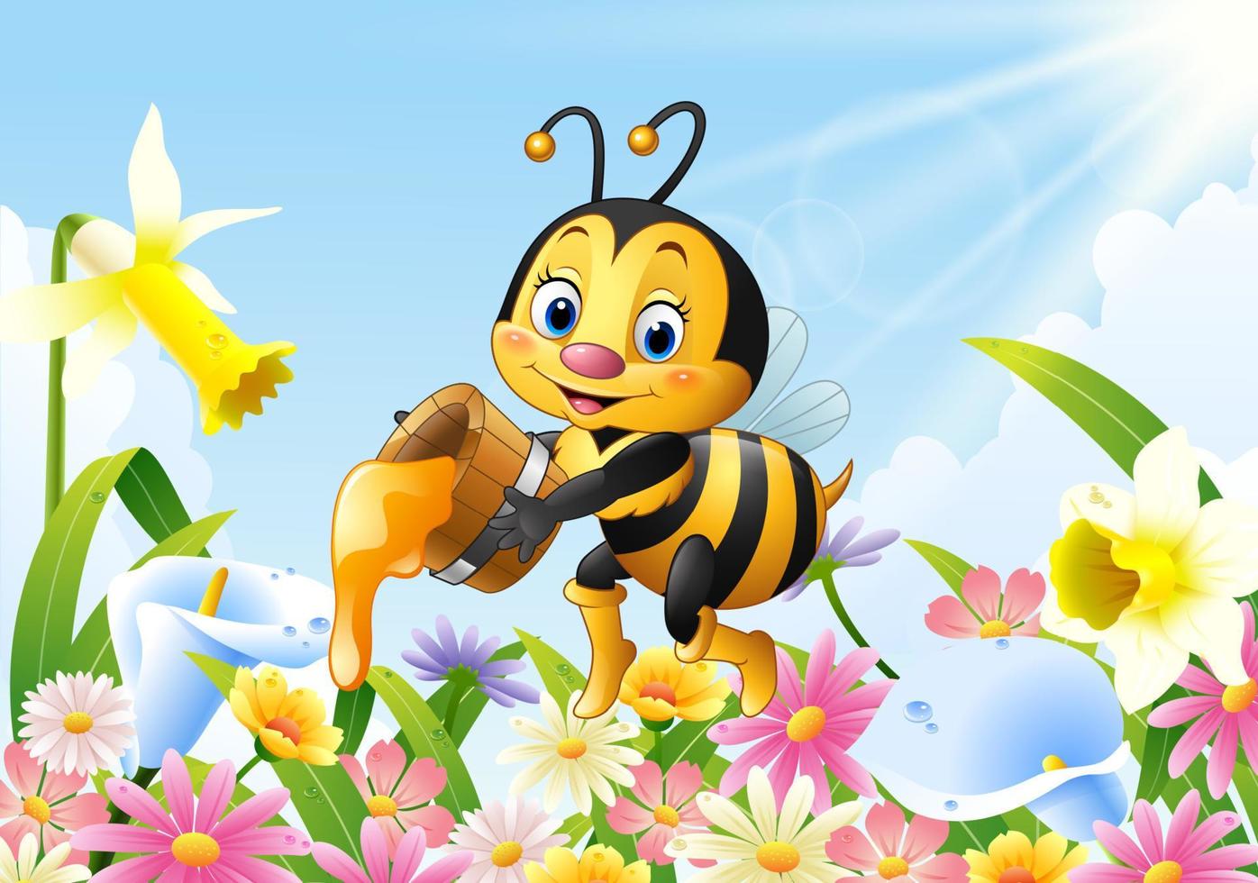 Cartoon bee holding honey bucket with flower background vector