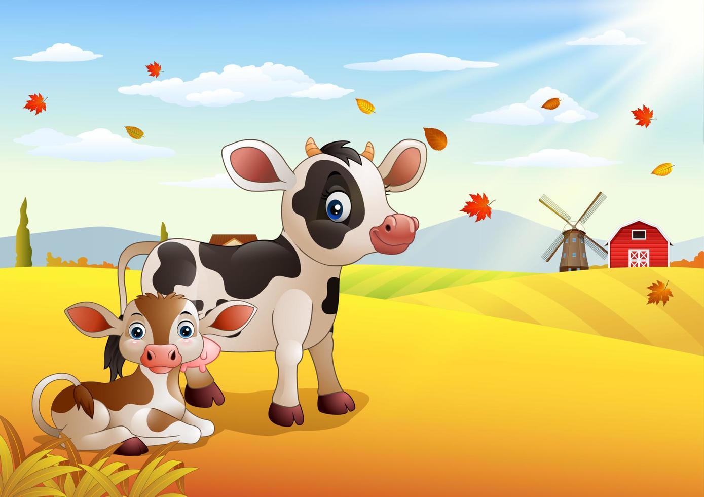 Cartoon cow with calf in the autumn weather vector