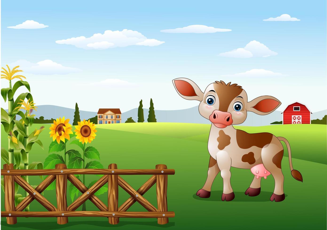 vaca de dibujos animados en el paisaje rural con flores florecientes vector