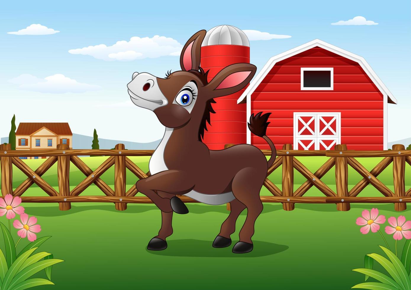 Cartoon happy donkey with farm background vector